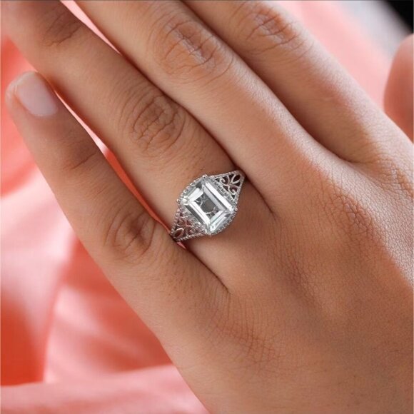 Montezuma ✦ Prasiolite Solitaire Ring ✦ 3.40ct Green Quartz S925 Platinum Sz 9 - Picture 5 of 17